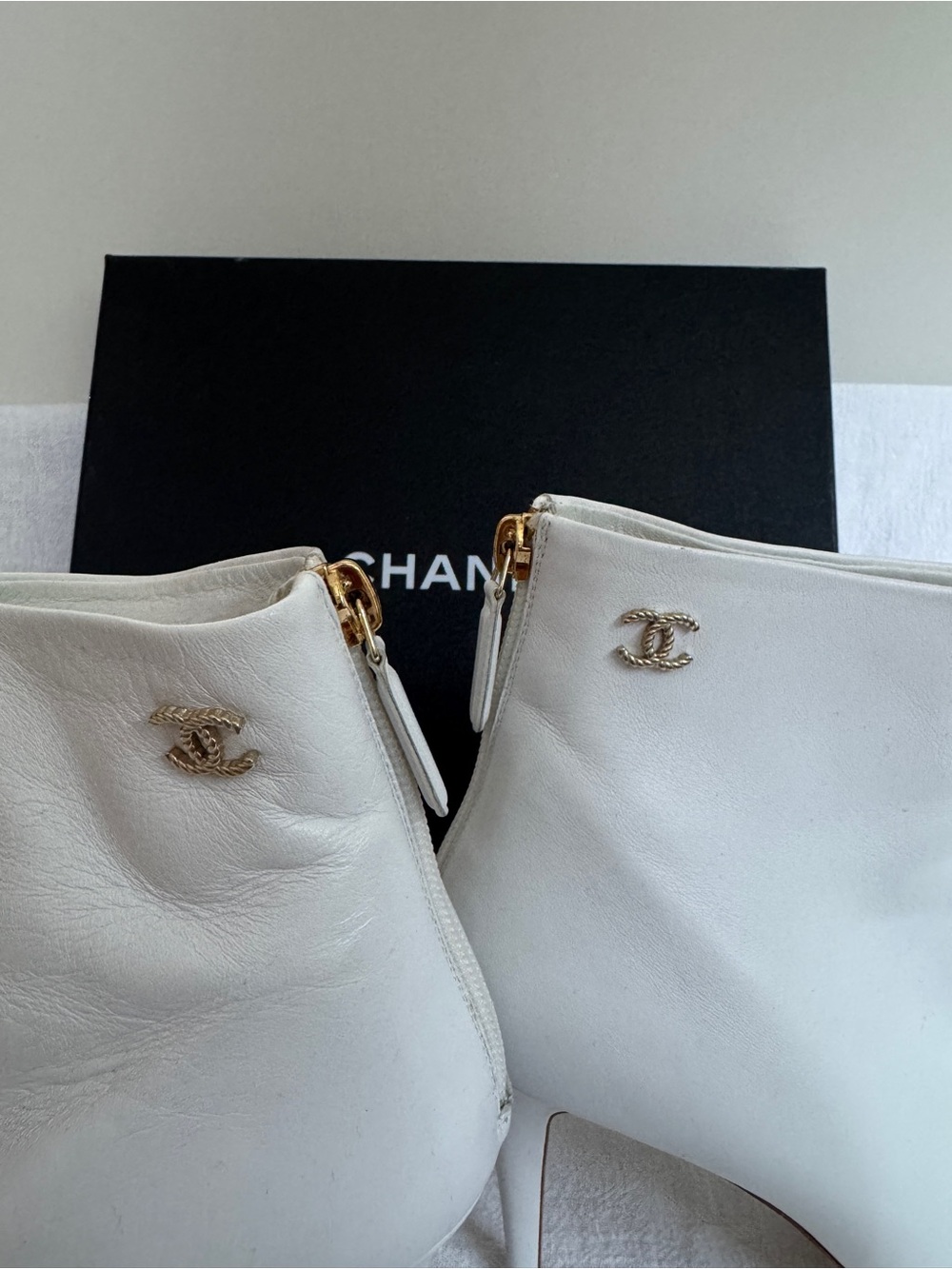 CHANEL White Leather Ankle Booties with Gold CC Emblem - Picture 6 of 6